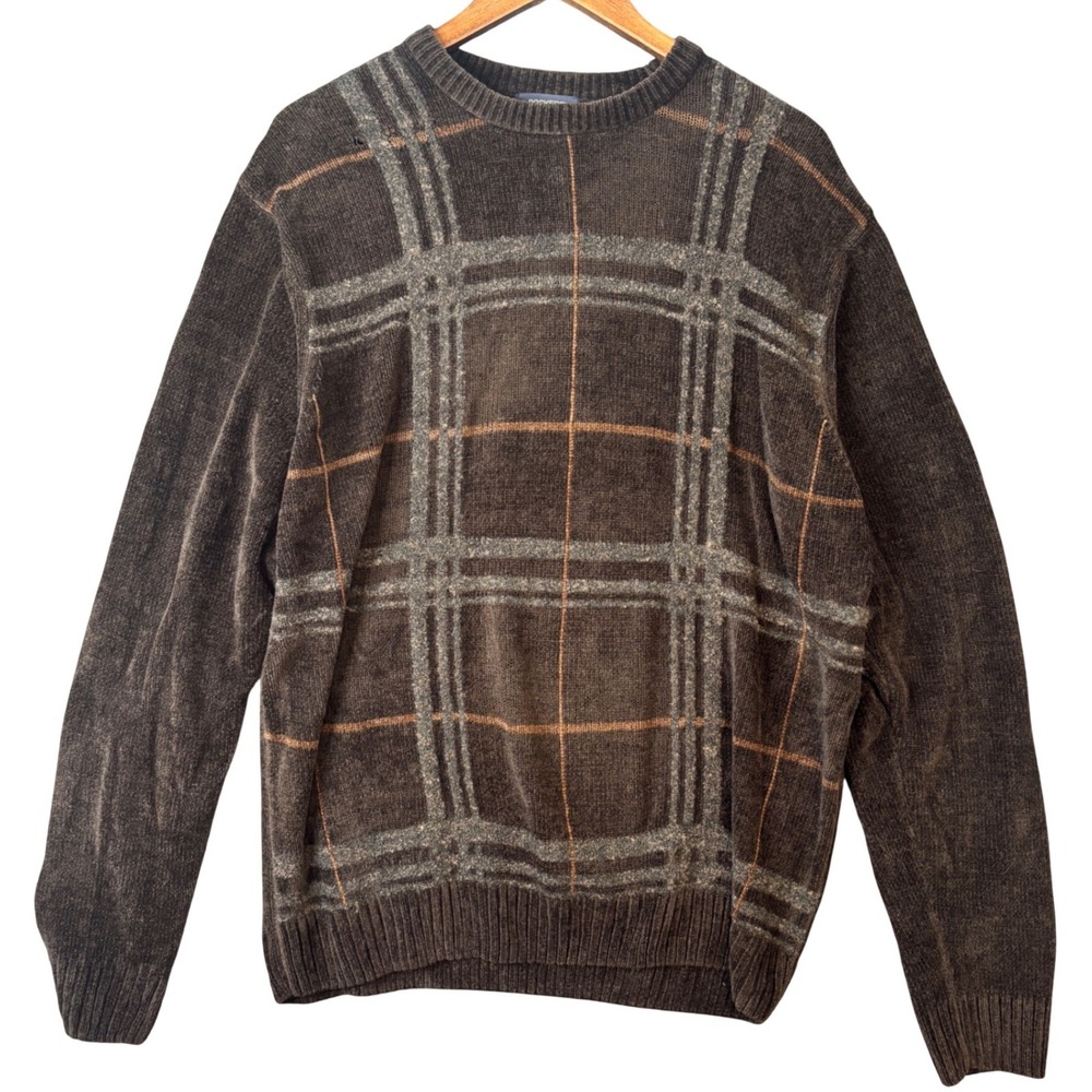 Dockers Mens XL Brown Plaid Chenille Knit Crewneck Sweater Vintage Oversized Y2K